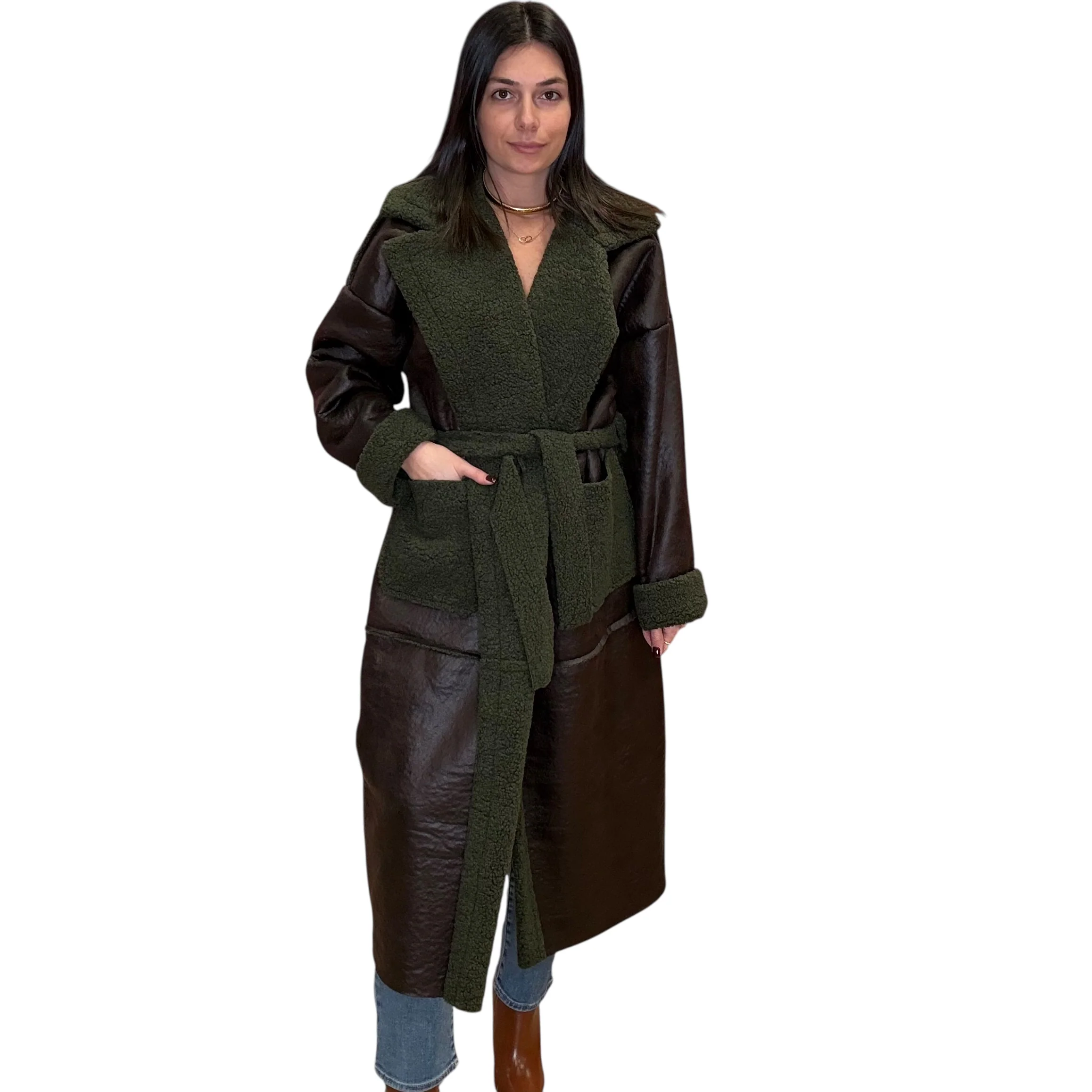 Italian Vegan Leather Long Coat - Olive