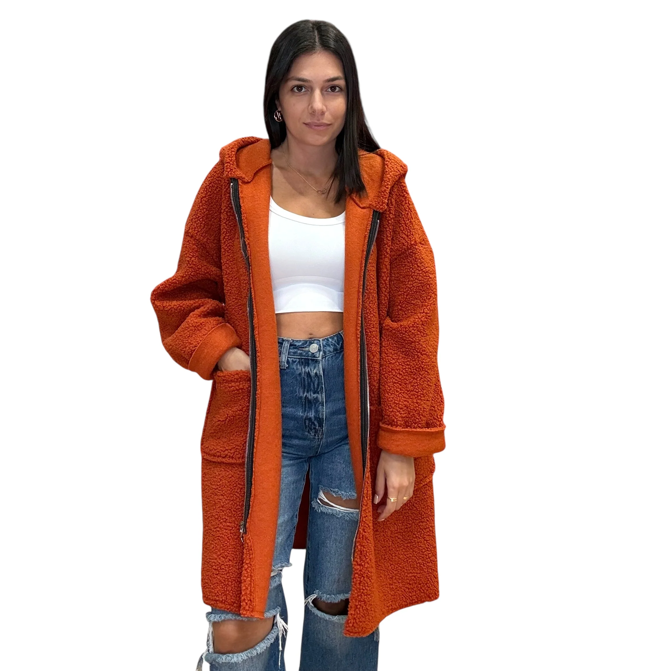 Italian Plush Teddy Long Coat - Rust