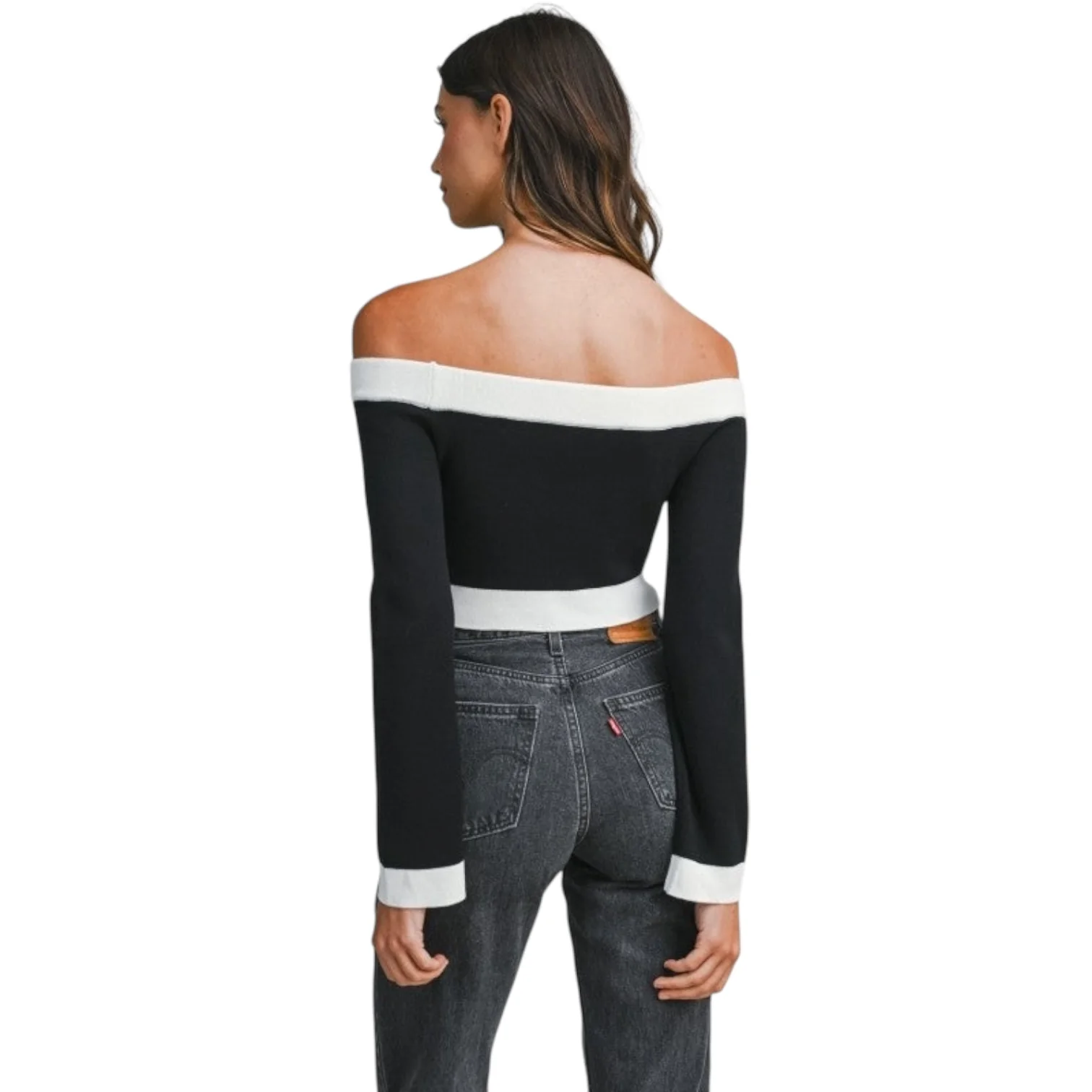 Contrast Off-Shoulder Cropped Knit Sweater - Black