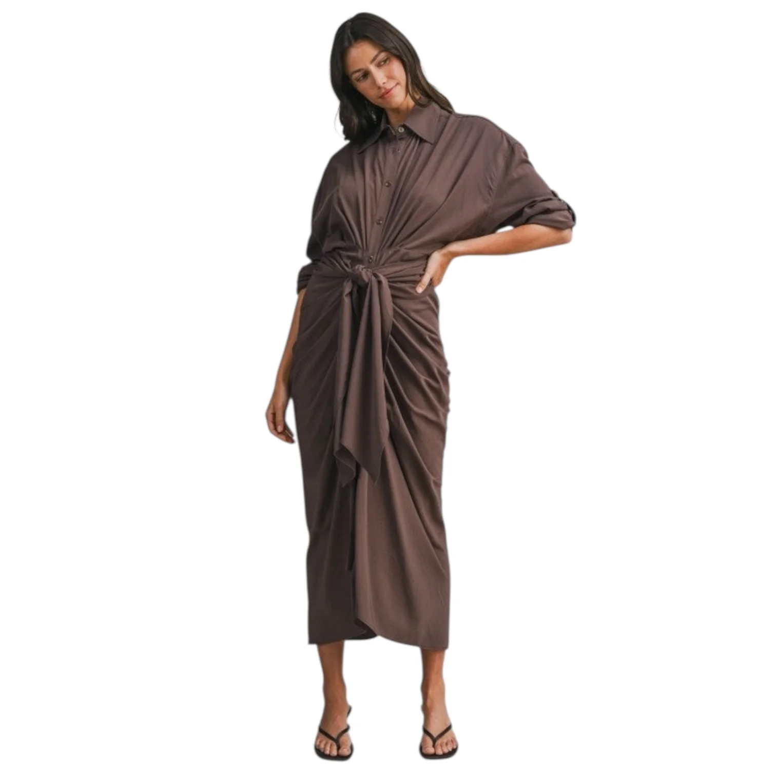 Tie-Front Shirt Dress – Brown