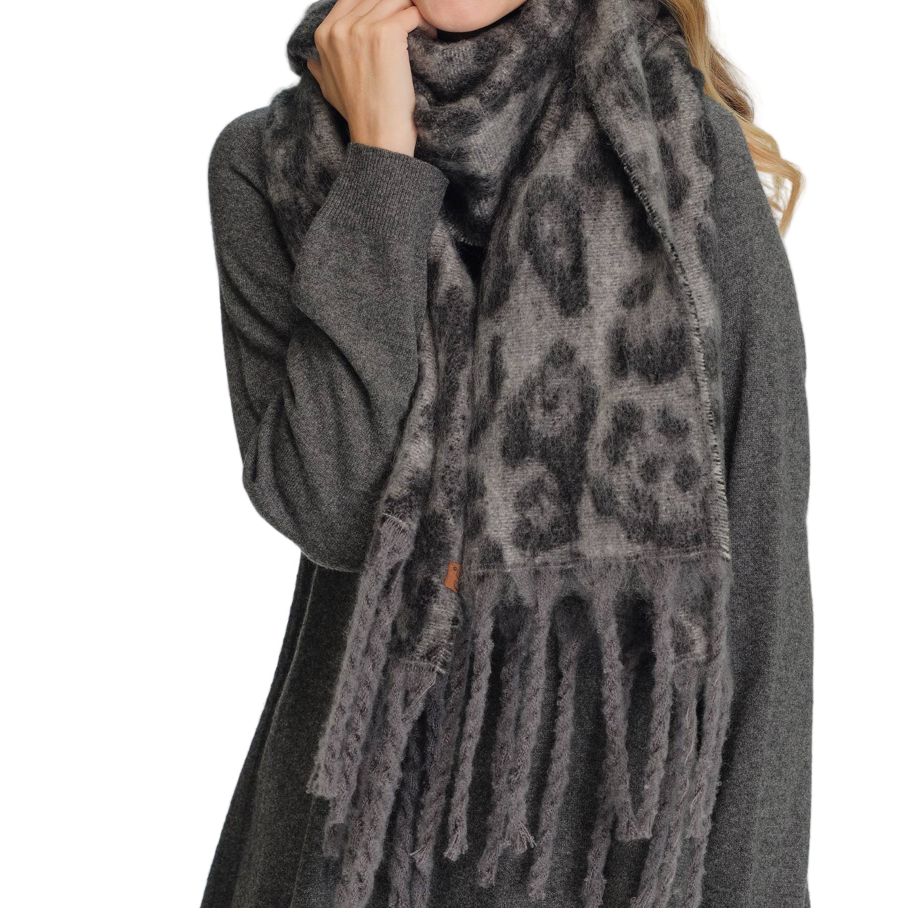 Leopard Pattern Fringe Scarf- Gray