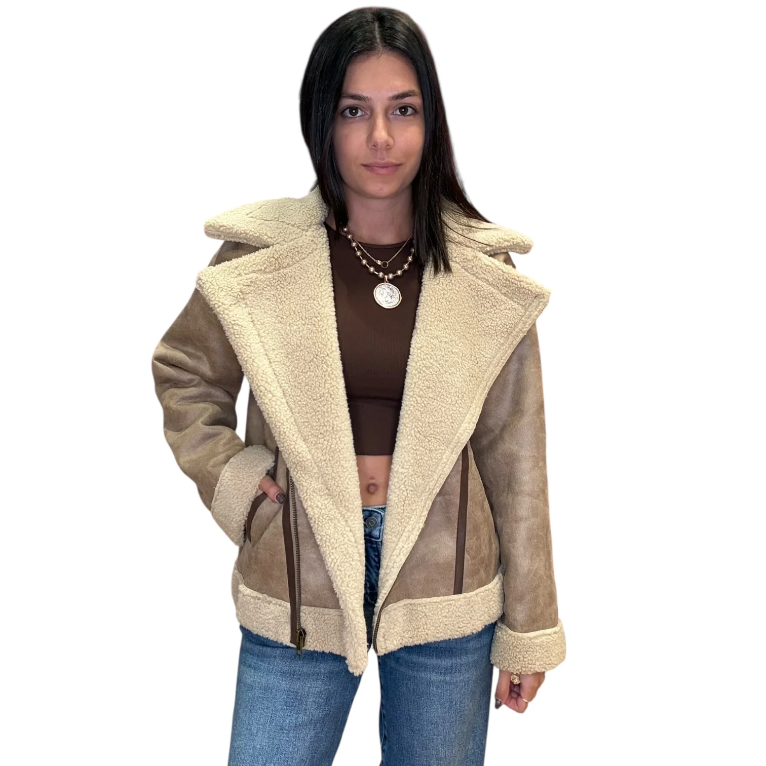 Taupe Faux Fur Moto Jacket