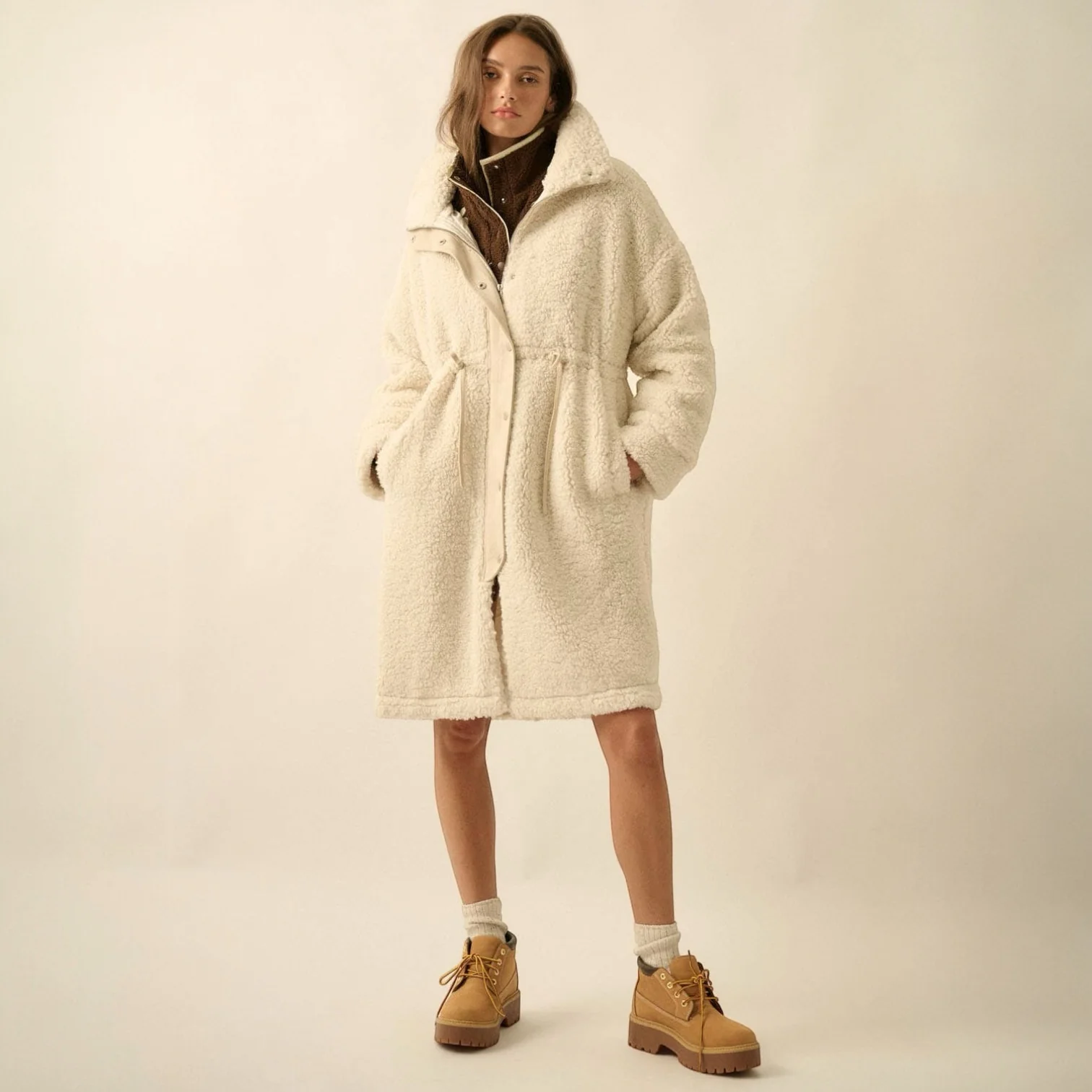 Faux Shearling Zip-Up Knee-Length Coat
