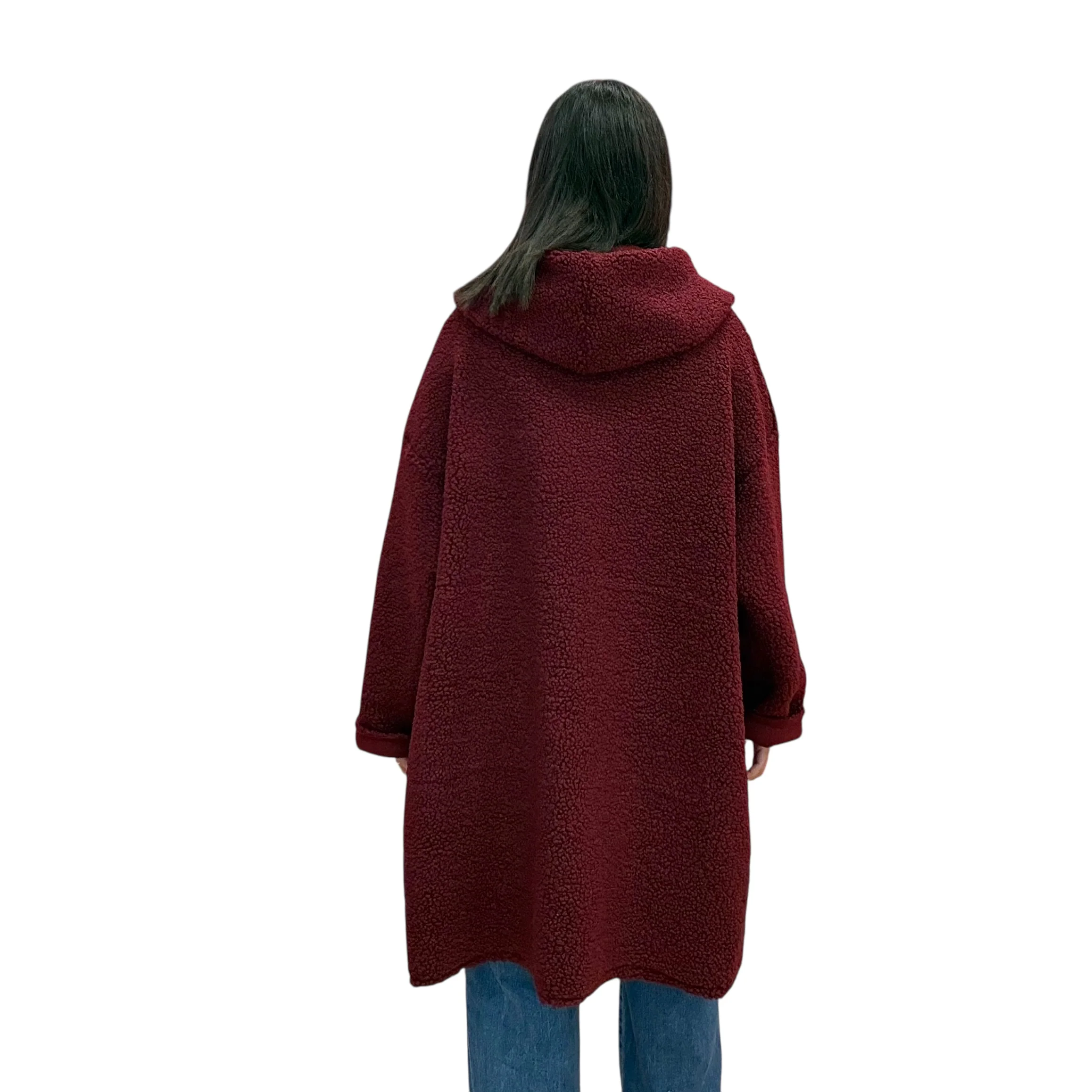 Italian Plush Teddy Long Coat - Wine