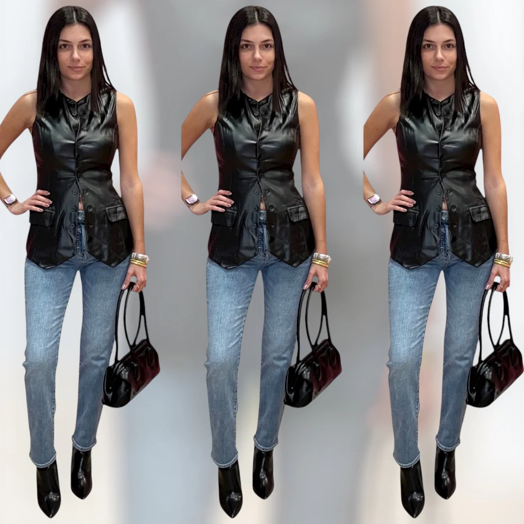 Jet Black Button-Down Faux Leather Vest