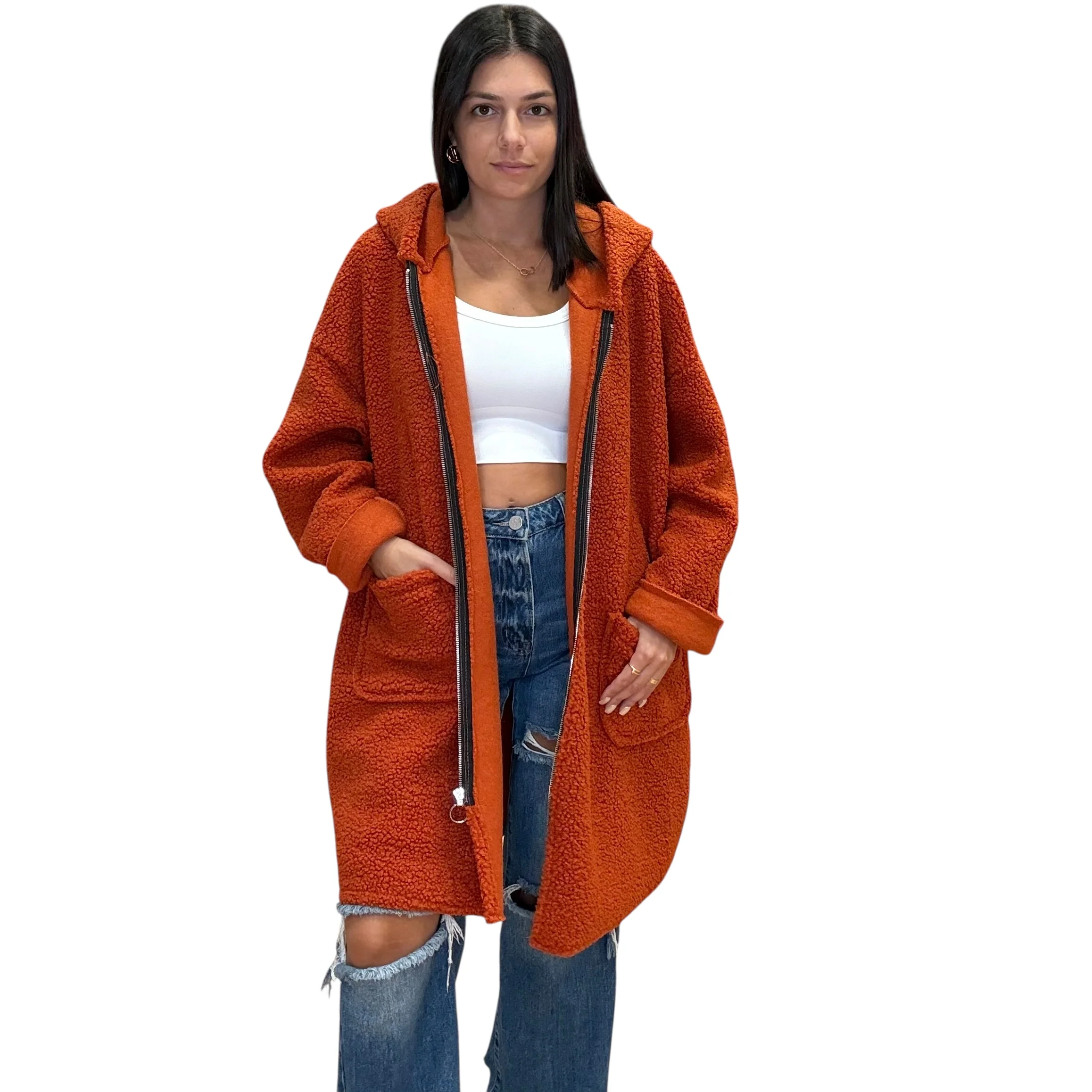 Italian Plush Teddy Long Coat - Rust