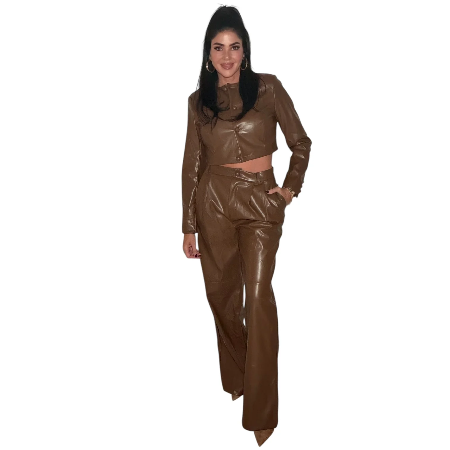 Brown Vegan Leather Pant Set