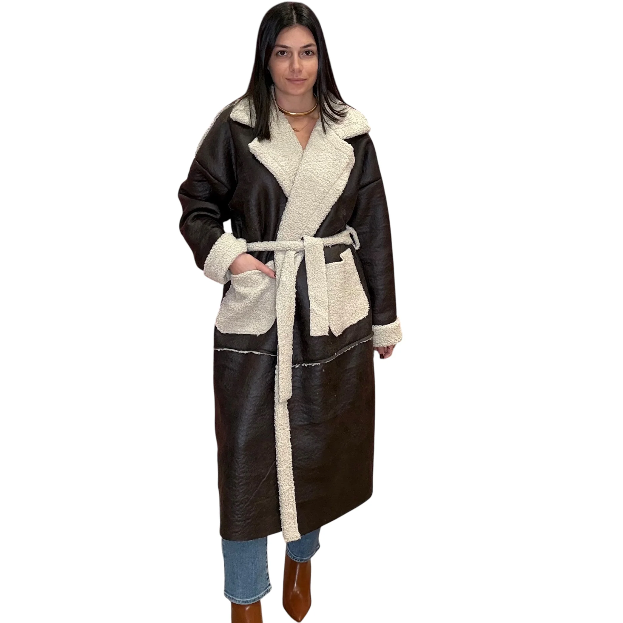 Italian Vegan Leather Long Coat - Beige