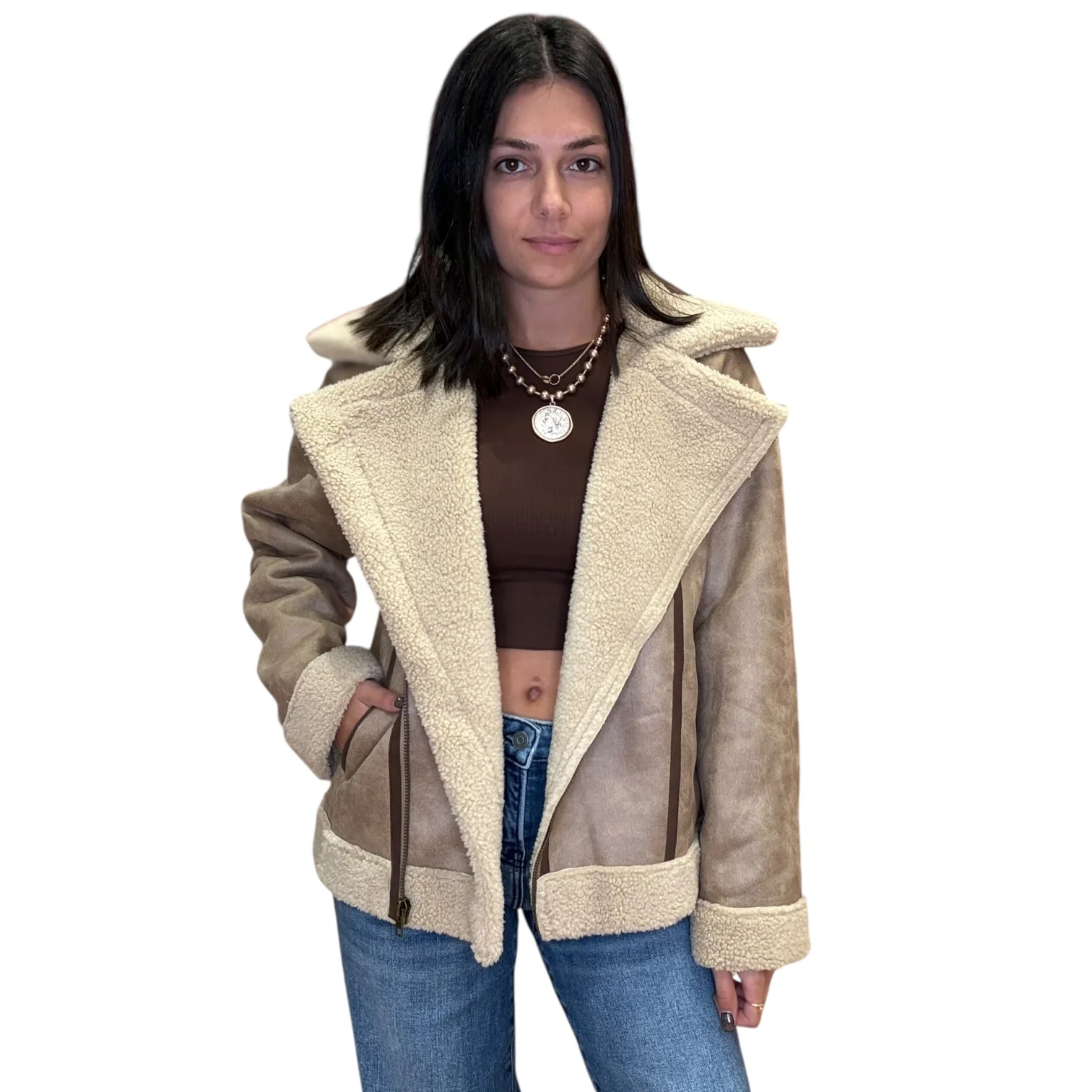 Taupe Faux Fur Moto Jacket