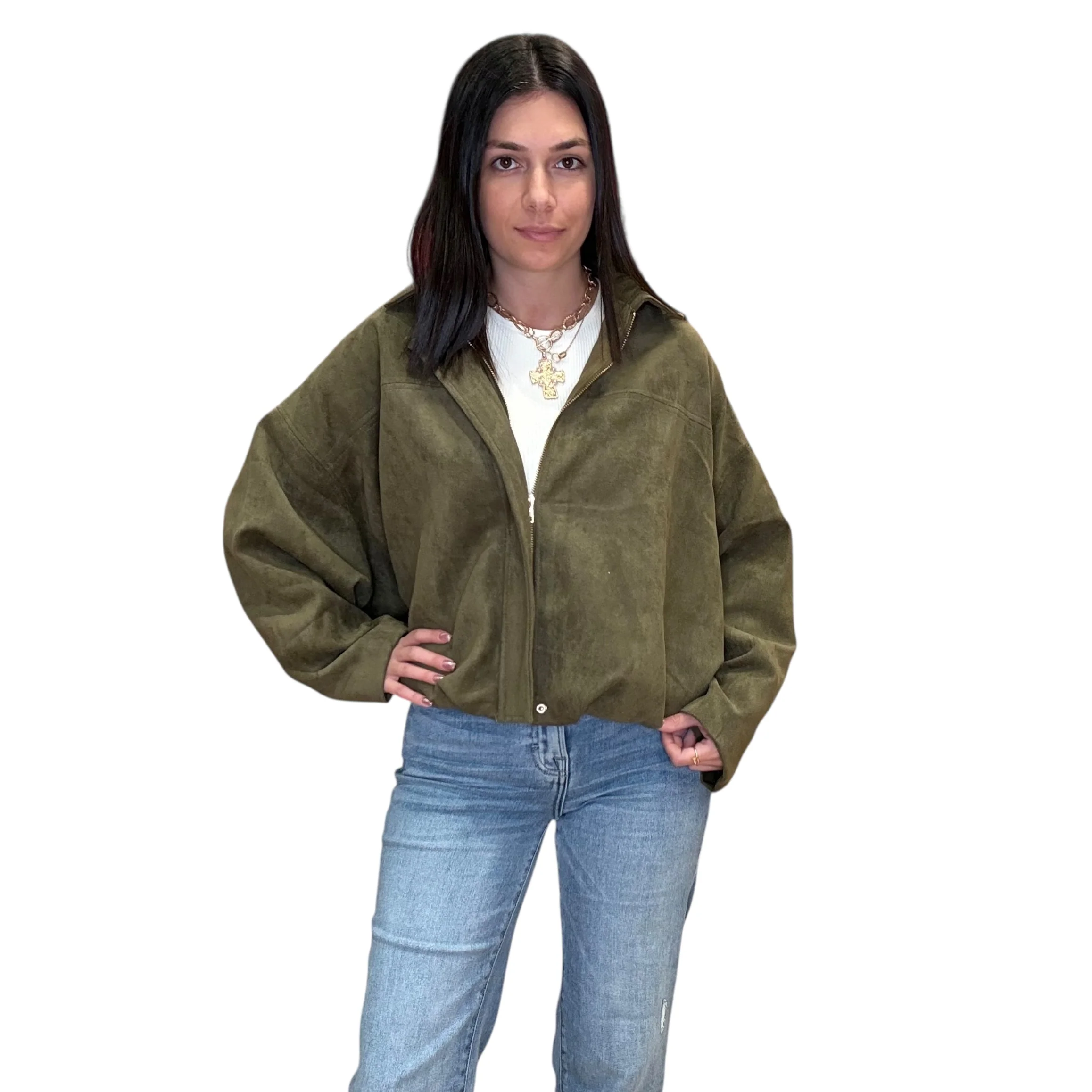 Olive Suede Bomber Jacket