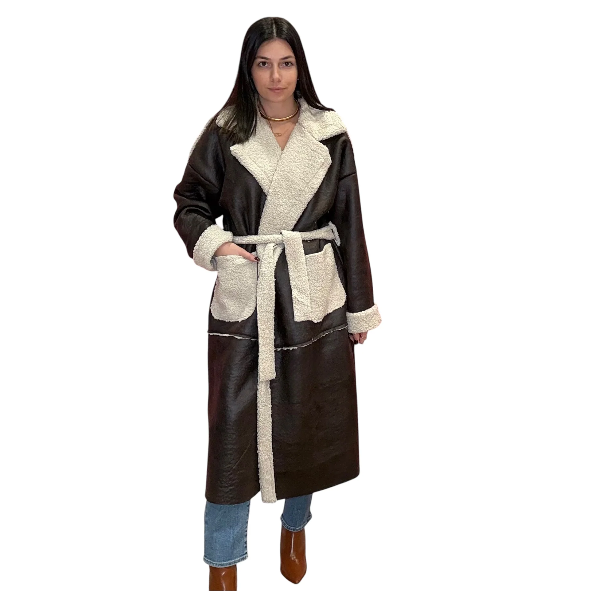 Italian Vegan Leather Long Coat - Beige