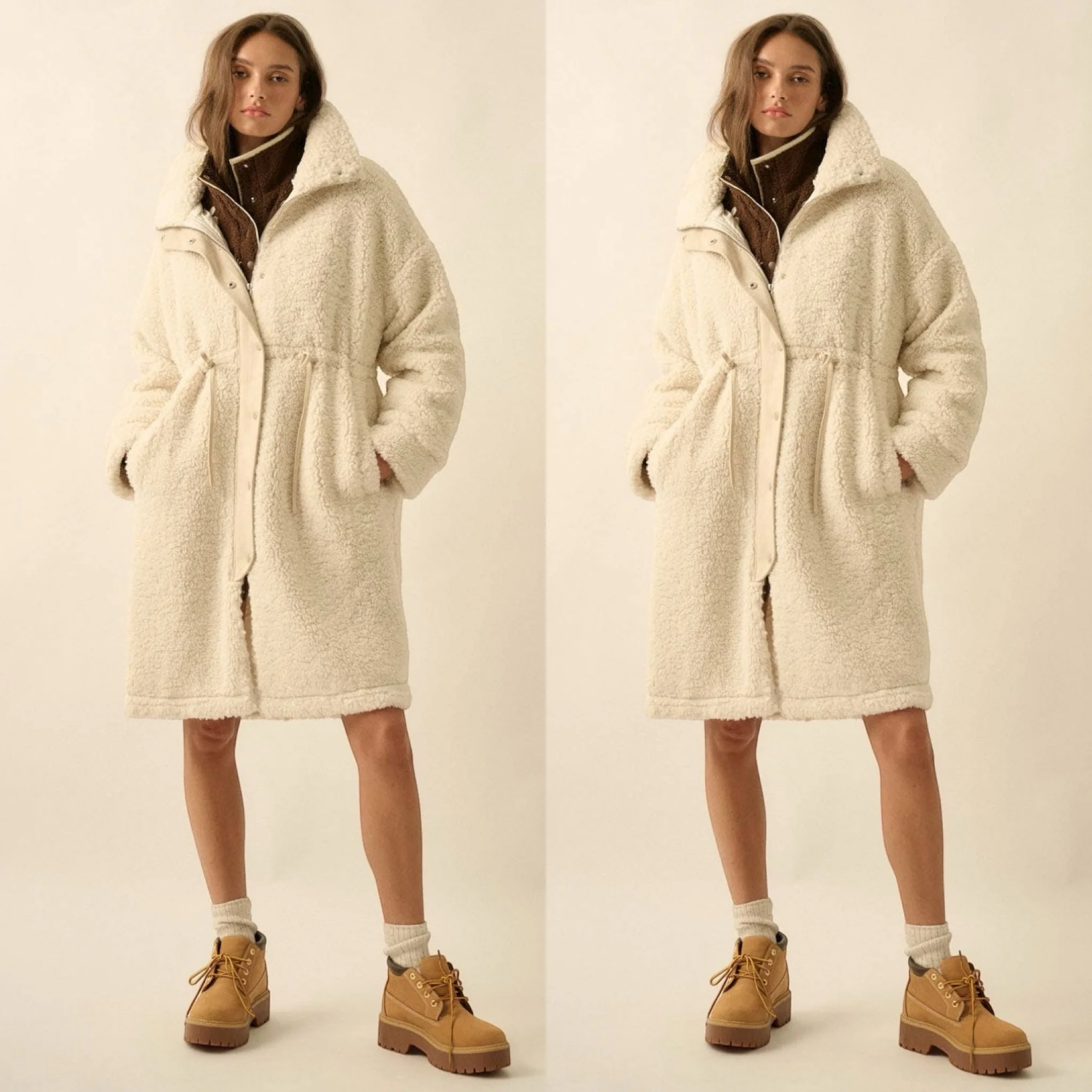 Faux Shearling Zip-Up Knee-Length Coat