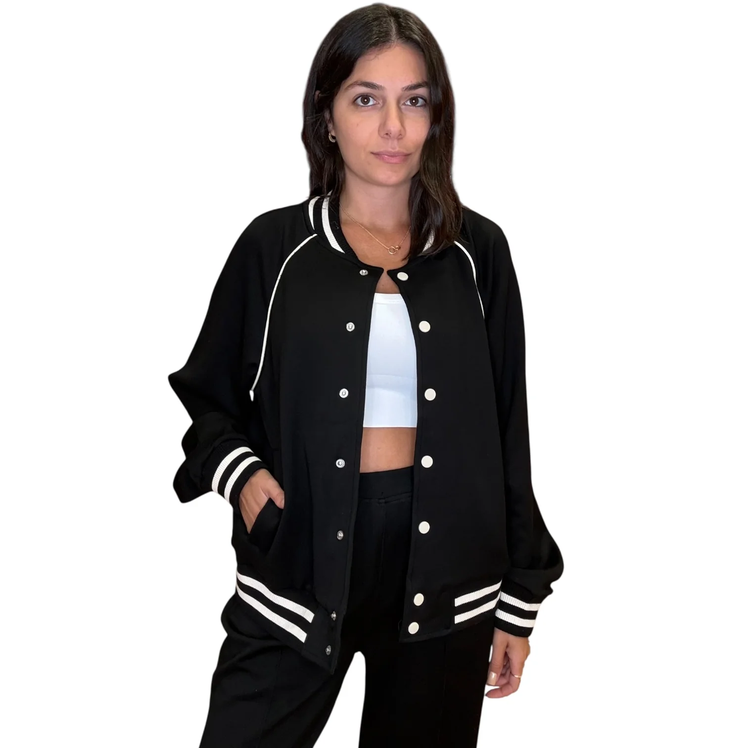 Sporty Chic Varsity Jacket – Black