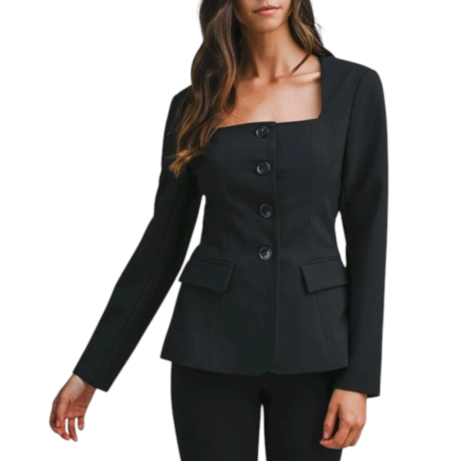 Square Neck Tailored Black Structured Button Blazer