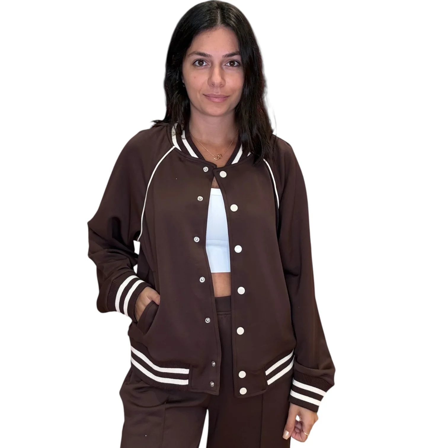 Sporty Chic Varsity Jacket – Brown