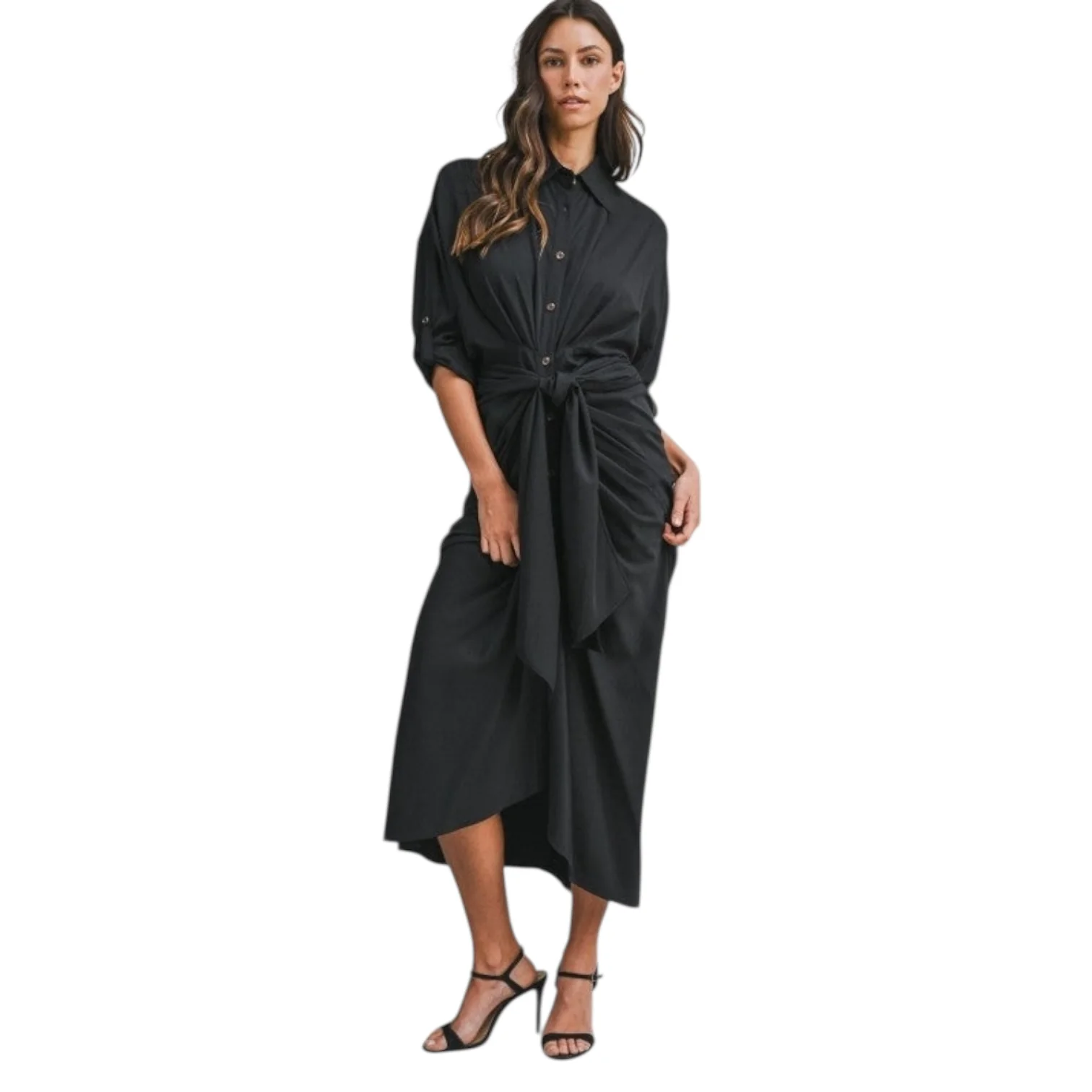 Tie-Front Shirt Dress – Black