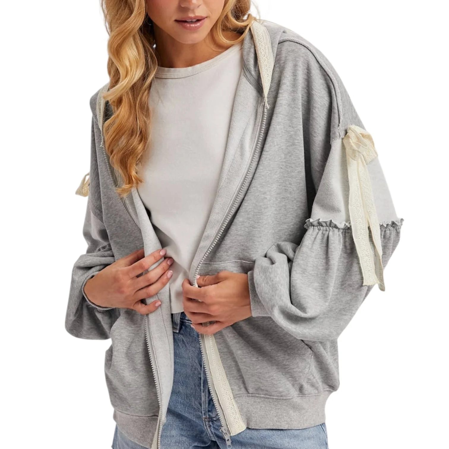 Heather Grey Balloon Sleeve Zip Hoodie