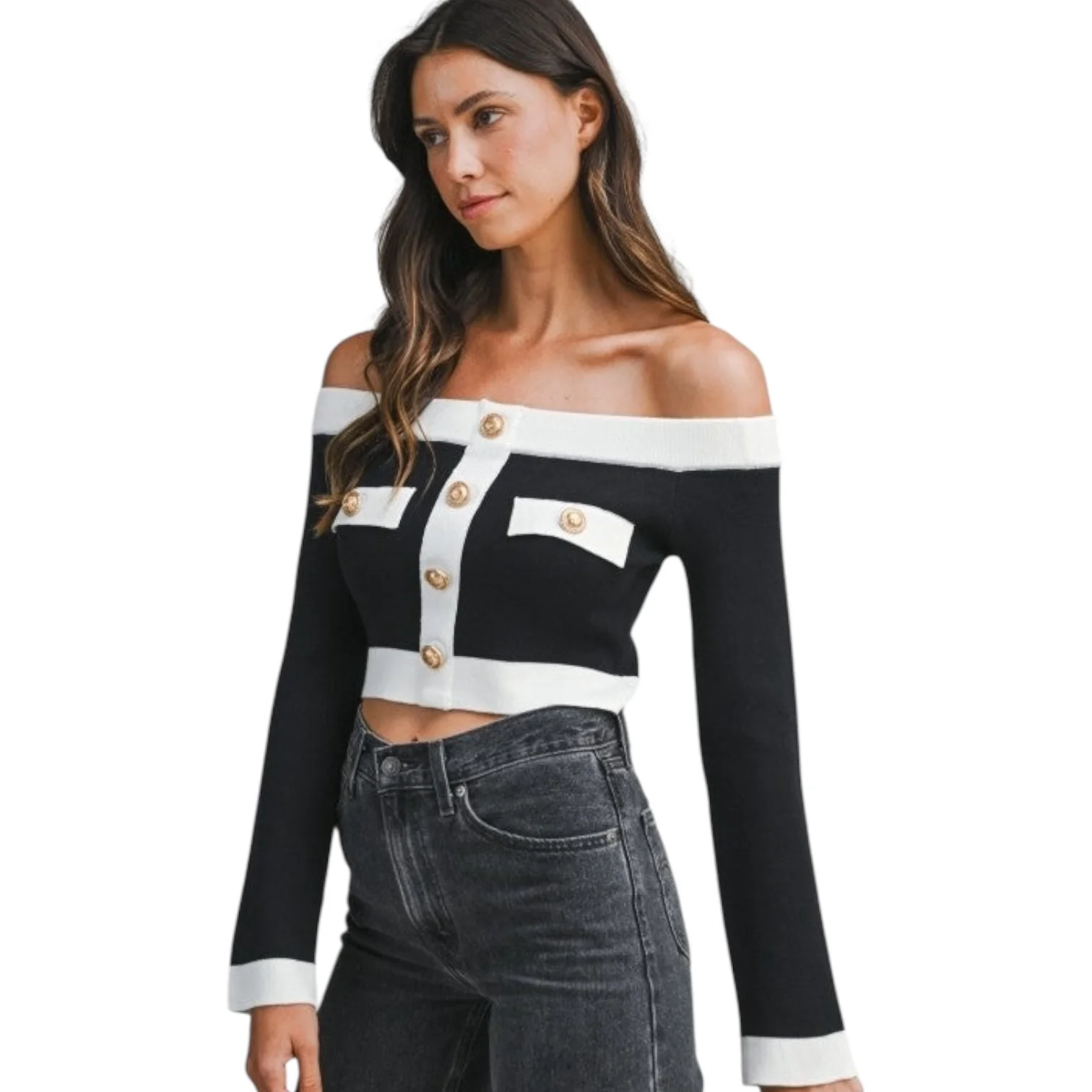Contrast Off-Shoulder Cropped Knit Sweater - Black