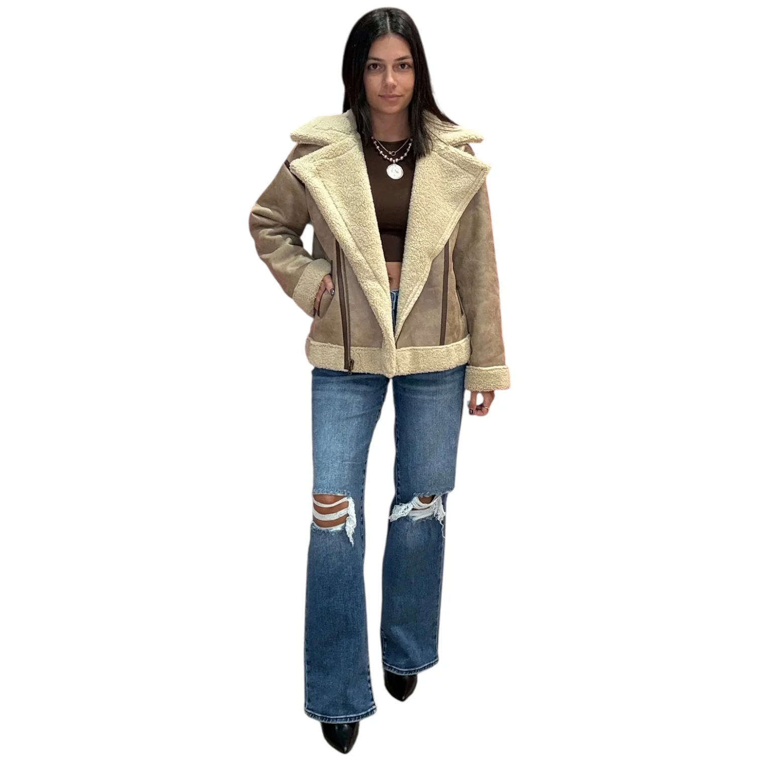 Taupe Faux Fur Moto Jacket