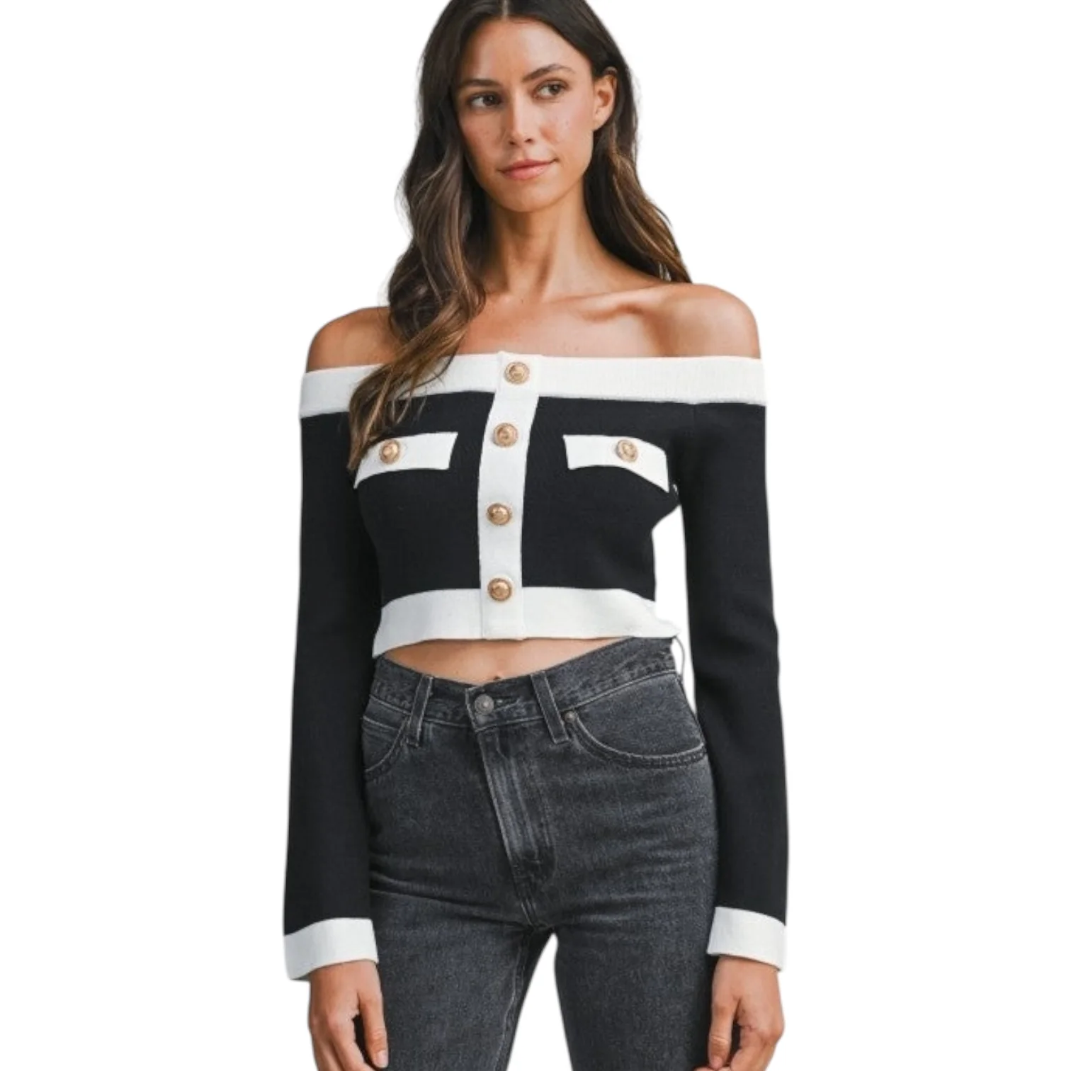 Contrast Off-Shoulder Cropped Knit Sweater - Black