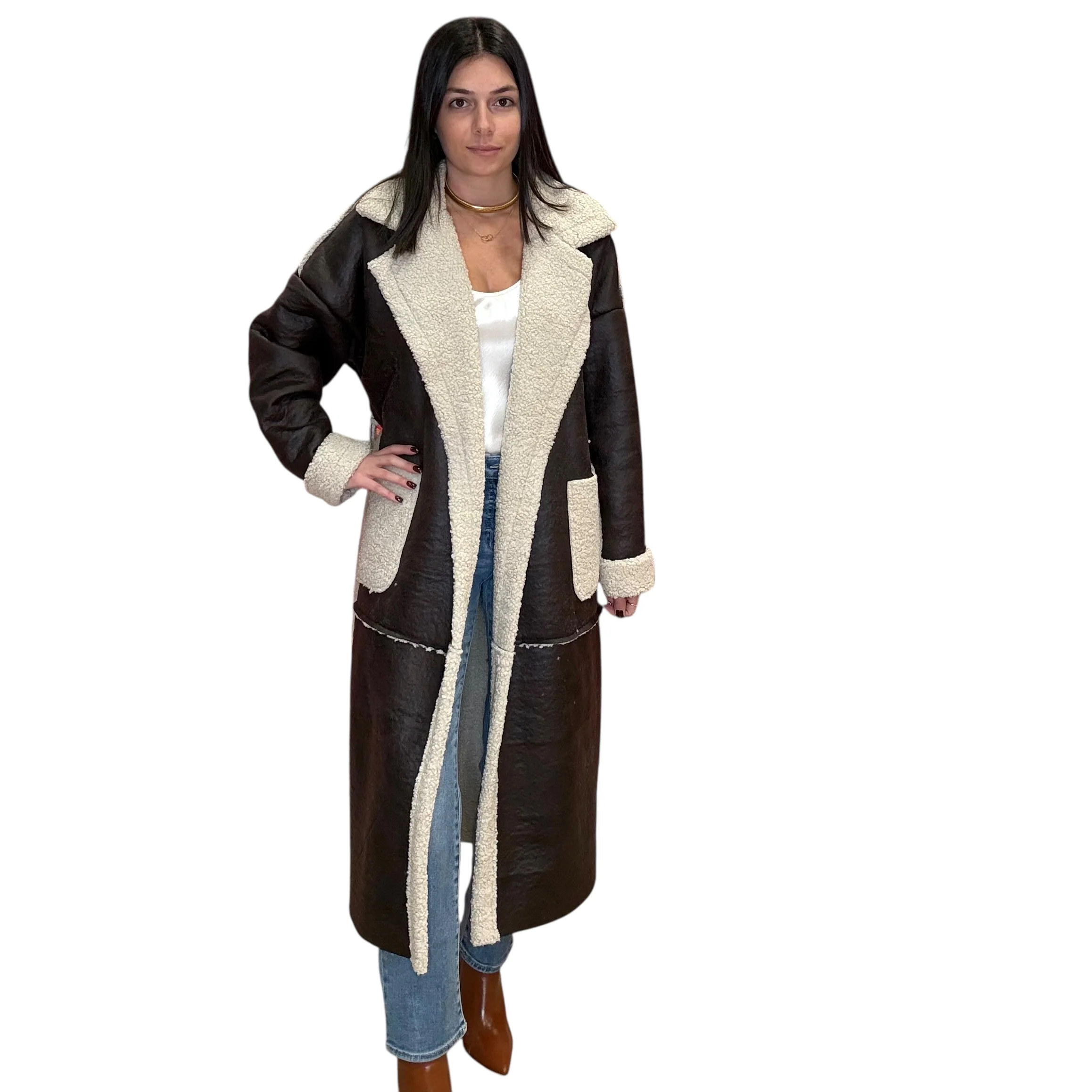 Italian Vegan Leather Long Coat - Beige