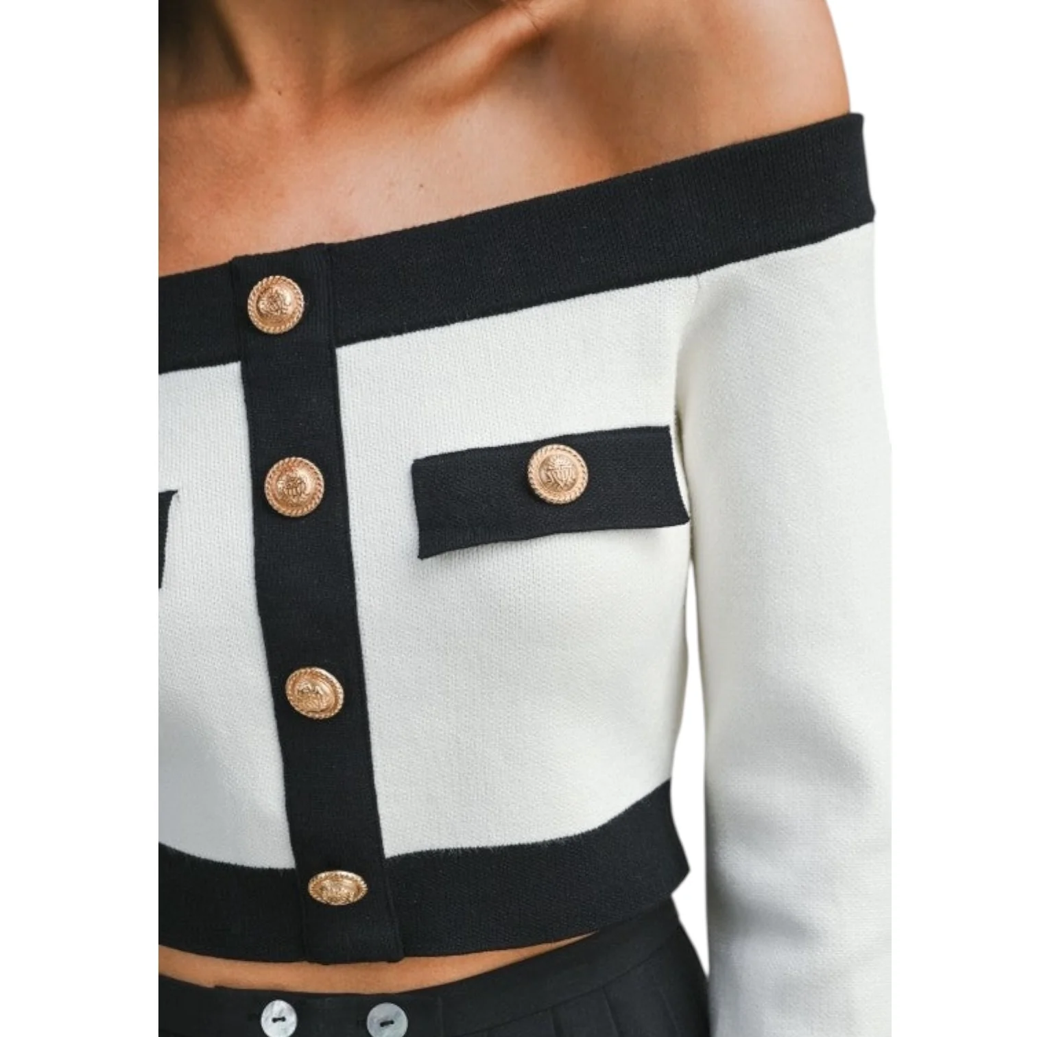 Contrast Off-Shoulder Cropped Knit Sweater - White