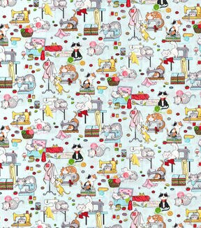 Cats on Sewing Machines on Blue Novelty Cotton Fabric