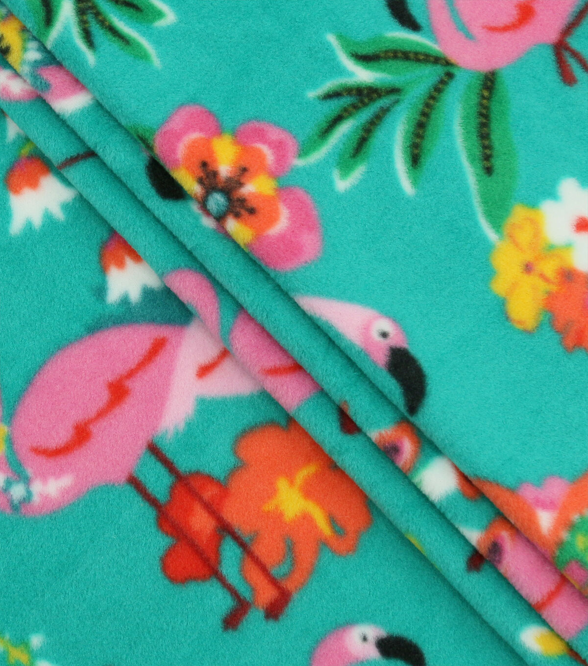 Tropical Floral Flamingo on Blue Anti Pill Plush Fleece Fabric