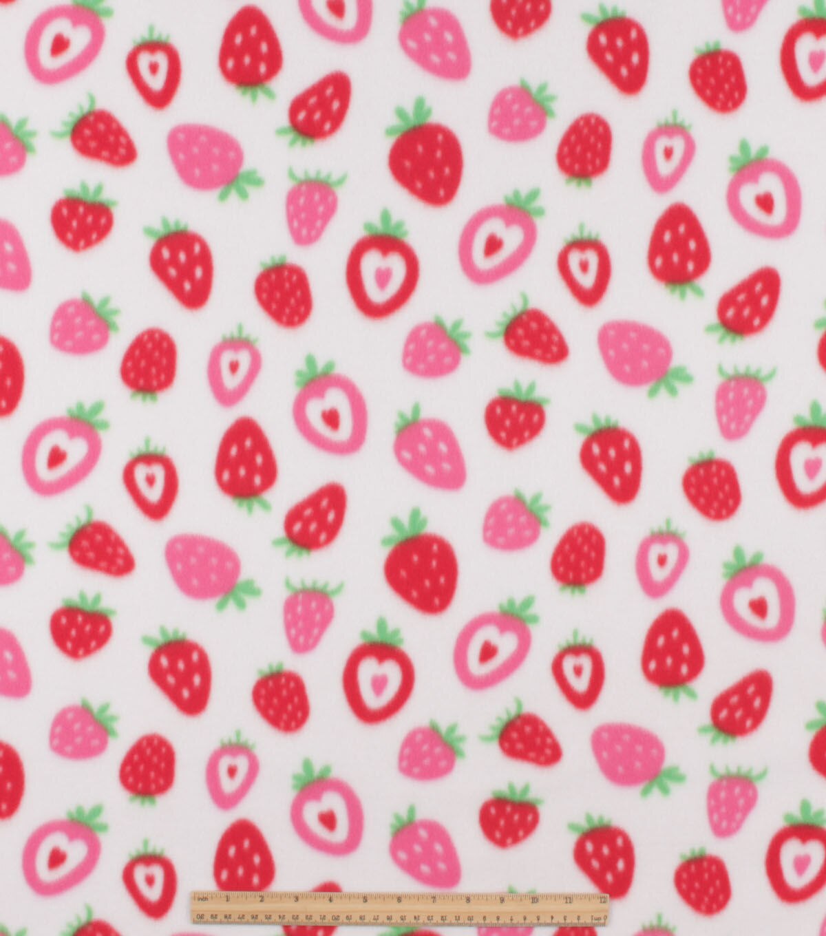 Strawberry Hearts on White Blizzard Fleece Fabric