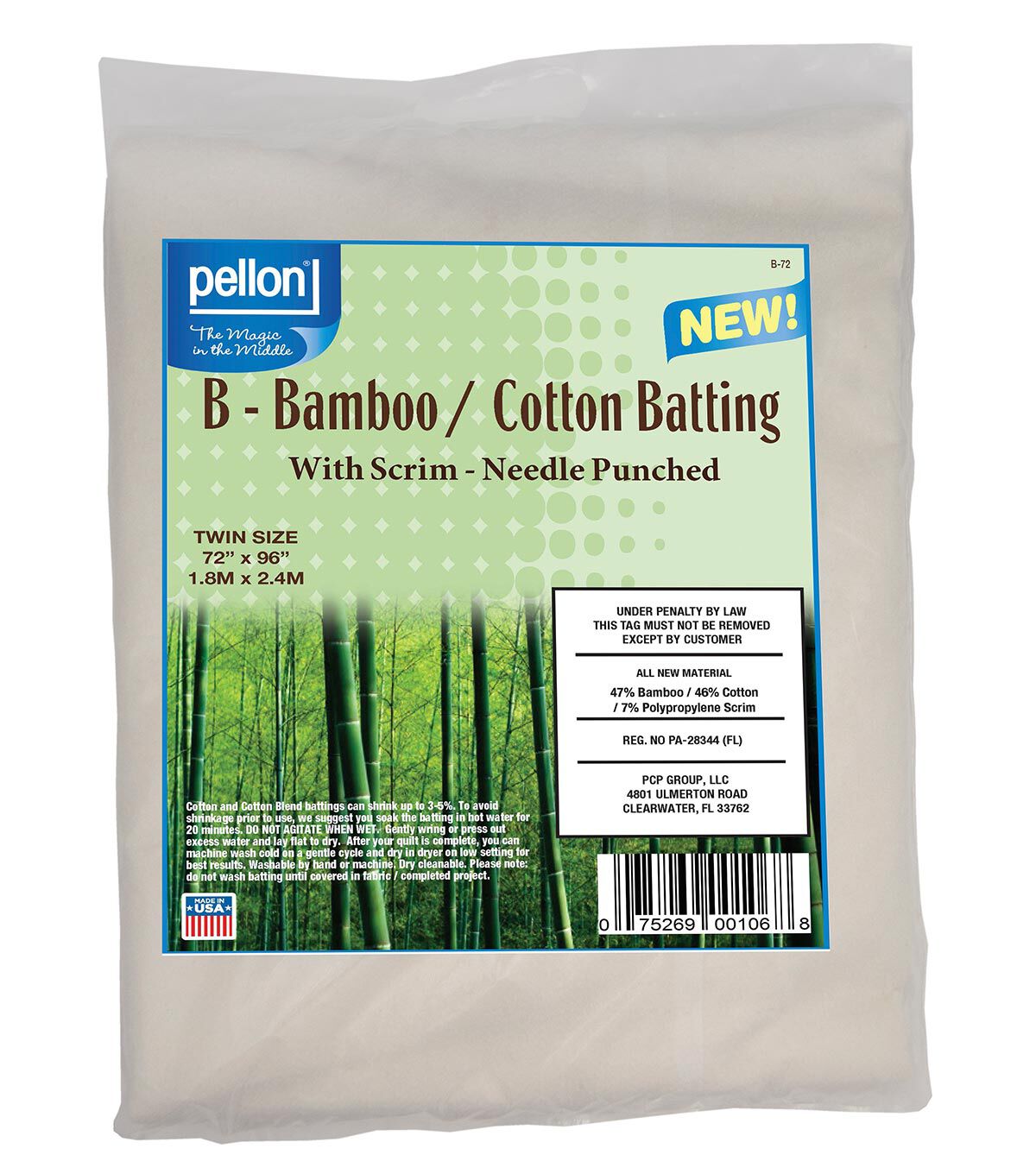 Pellon Bamboo/Cotton Batting With Scrim 72 x 96