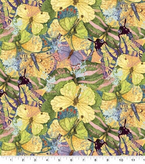 Yellow Floral Garden Butterfly Collage Premium Cotton Fabric