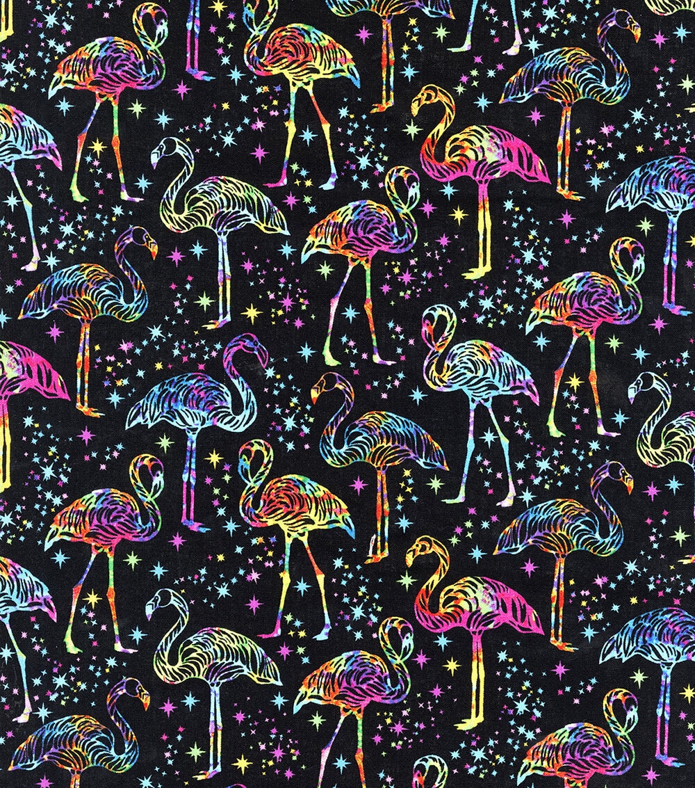 Black Multi Bright Flamingos Novelty Cotton Fabric