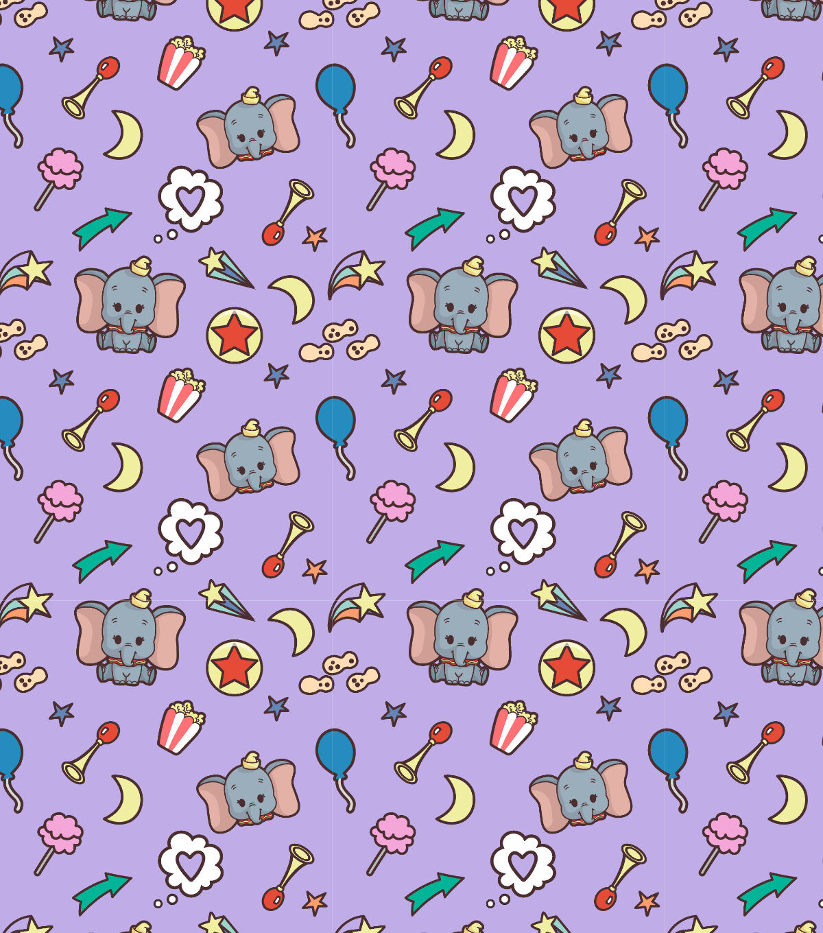 Disney Cute Dumbo on Purple Cotton Fabric