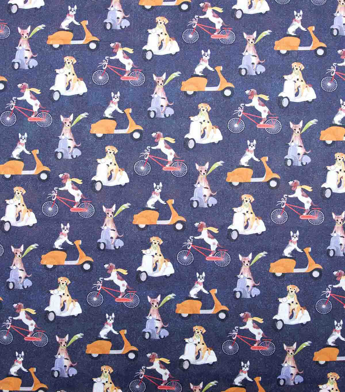 Dogs On Scooters And Bikes Novelty Cotton Fabric