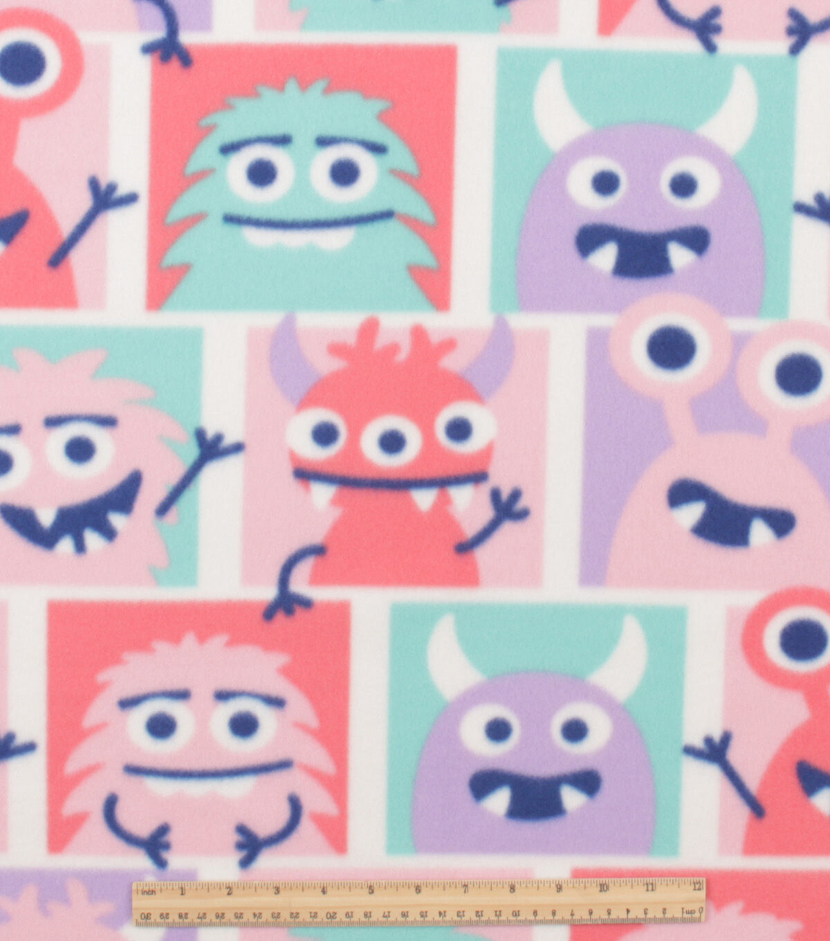 Pink Grid Monsters Blizzard Fleece Fabric