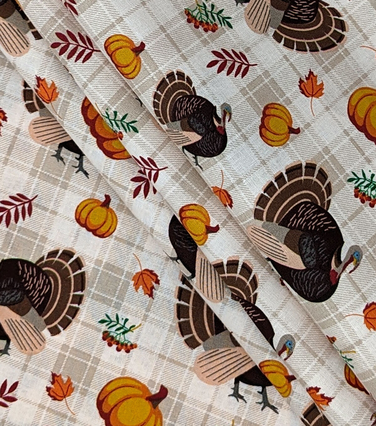Turkeys On White Check Cotton Fabric
