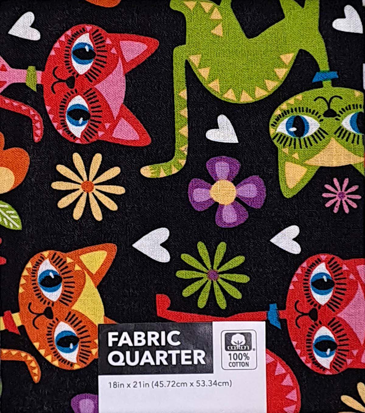 18 x 21 Cats on Black Novelty Cotton Fabric Quarter 1pc