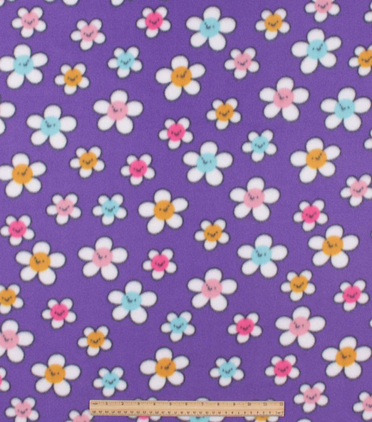 Smiley Daisies on Purple Blizzard Fleece Fabric