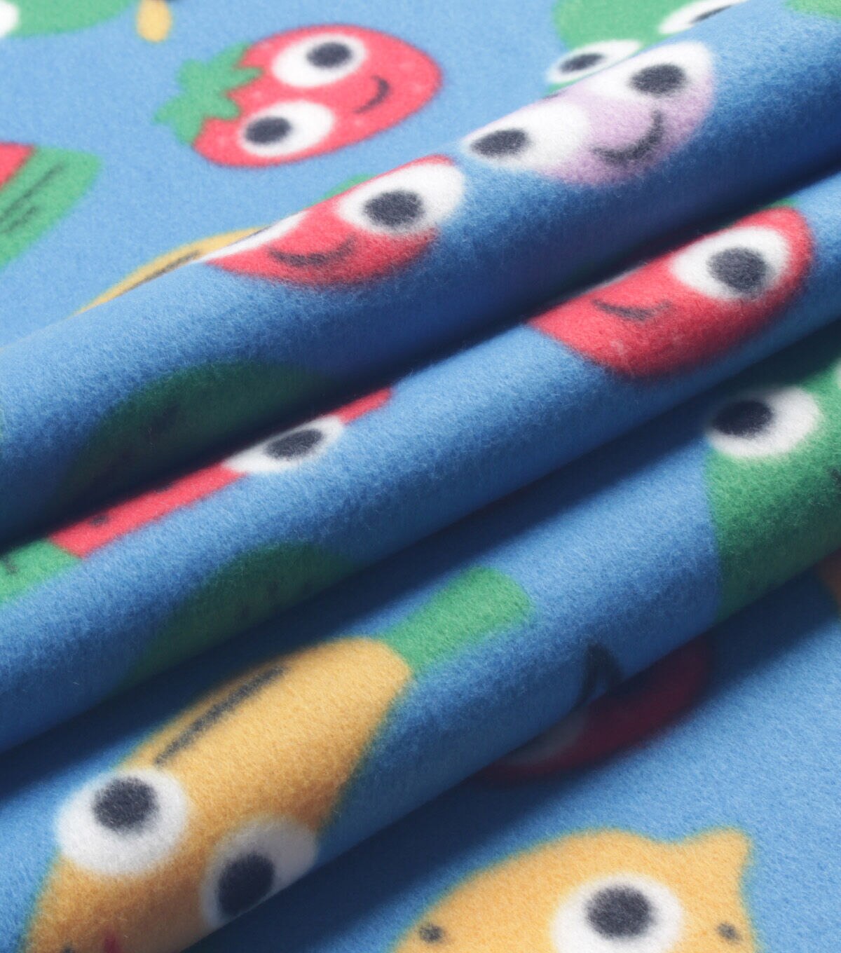 Googly Eye Fruit on Blue Blizzard Fleece Fabric