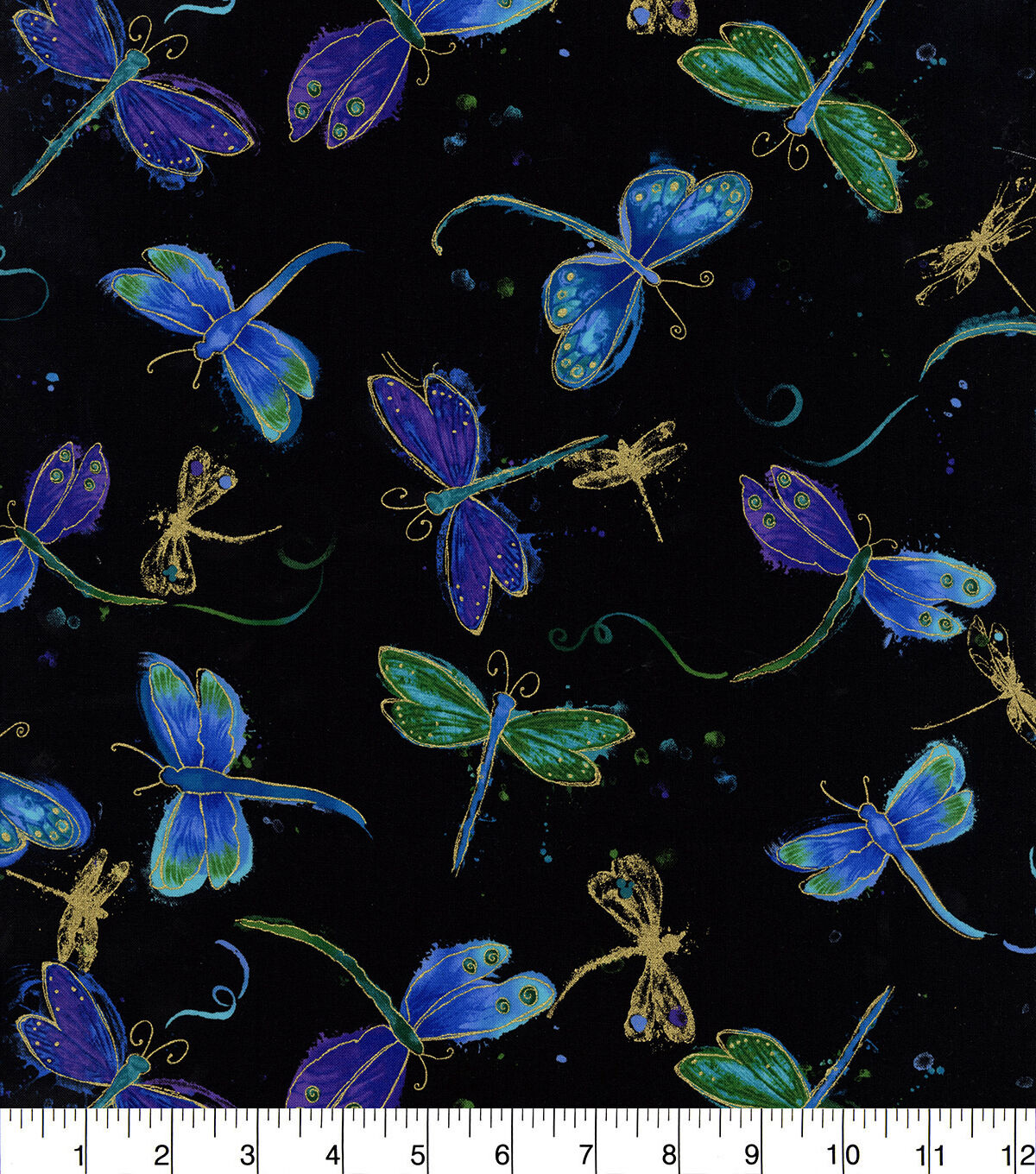 Hi Fashion Blue Dragonfly Black Premium Metallic Cotton Fabric