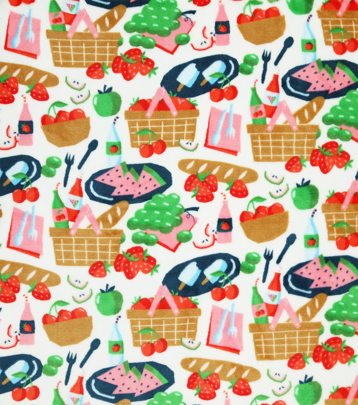 Picnic Scene On White Sew Lush Fleece Fabric