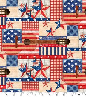 Springs Creative Guitars on Red Patriotic Cotton Fabric