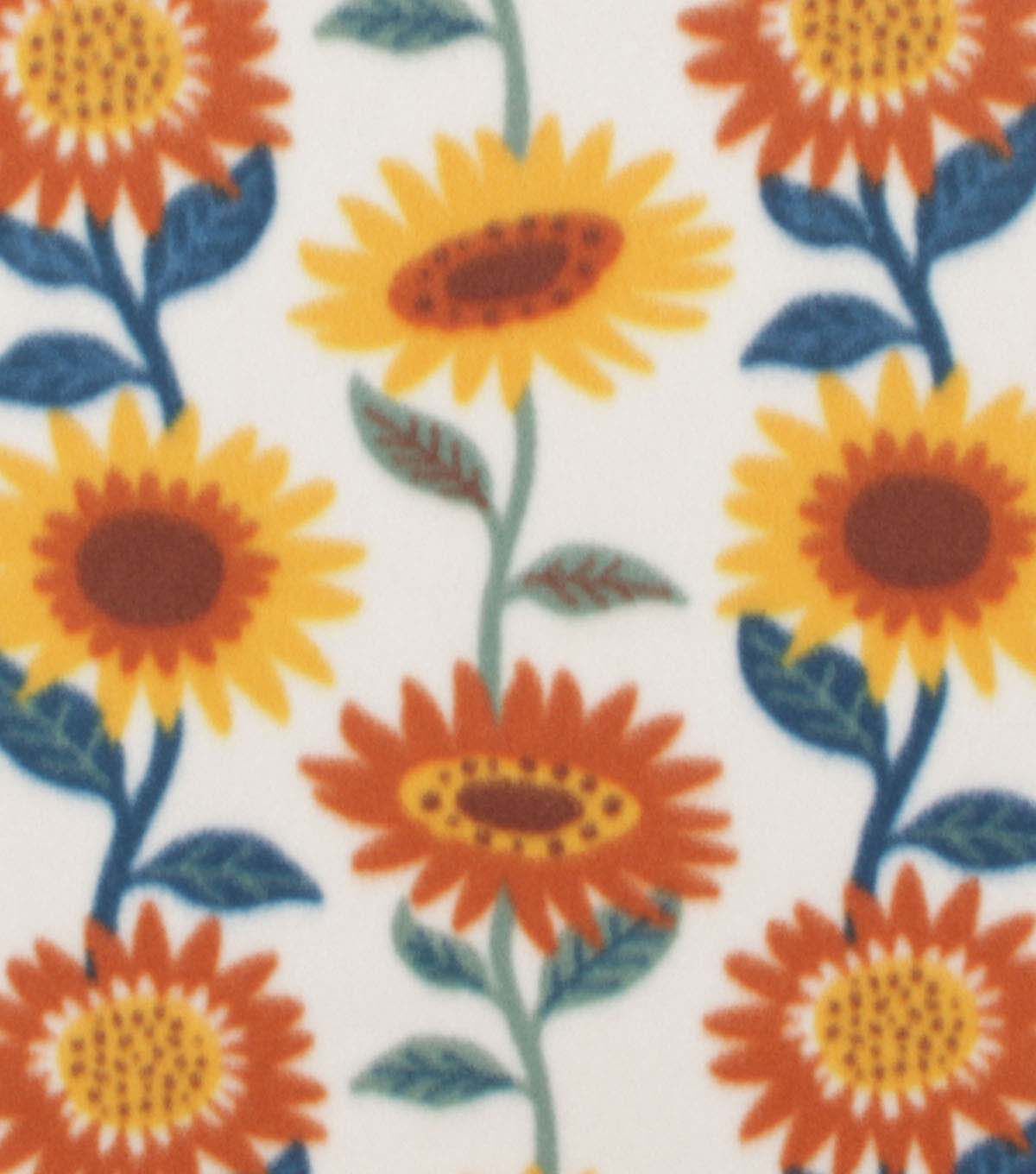 Linear Sunflowers on Cream Blizzard Fleece Fabric