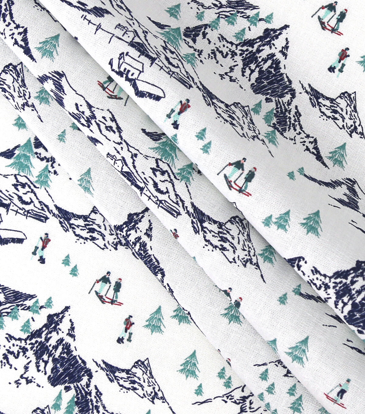 Skiing In The Mountains on White Novelty Cotton Fabric