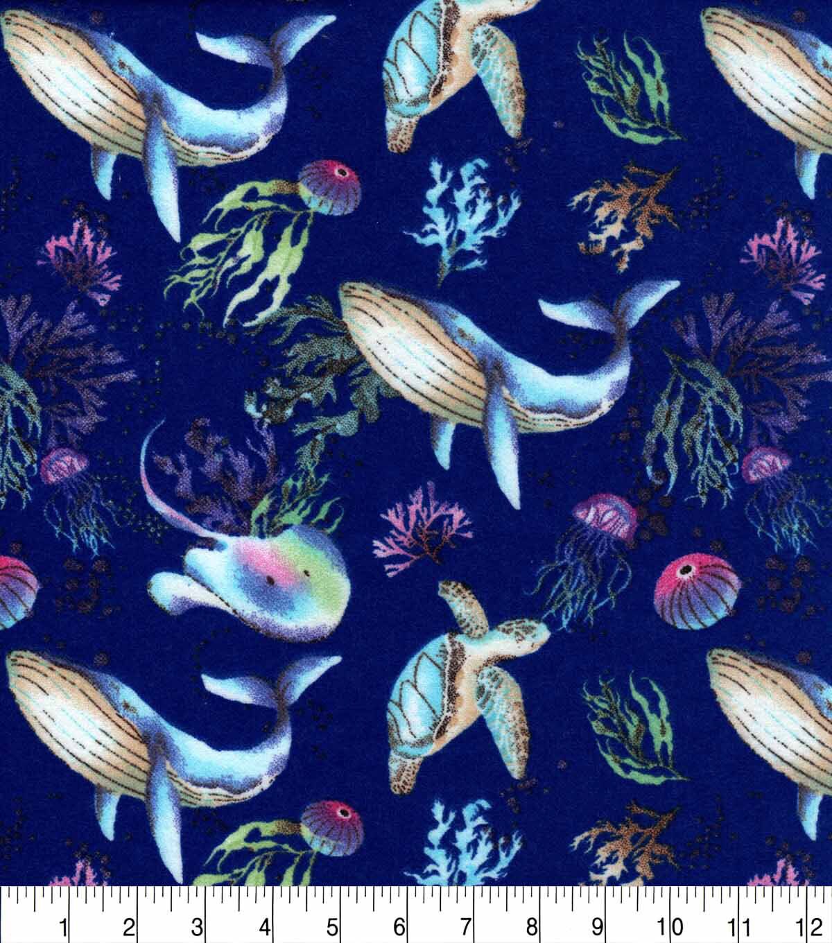 Watercolor Blue Whales Super Snuggle Flannel Fabric