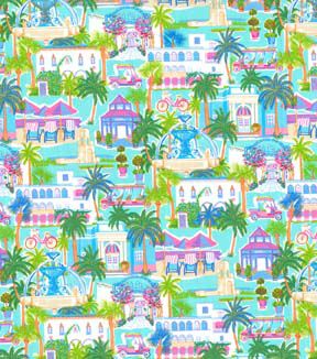 Fabric Traditions Blue & Green Palm Beach Scene Novelty Cotton Fabric