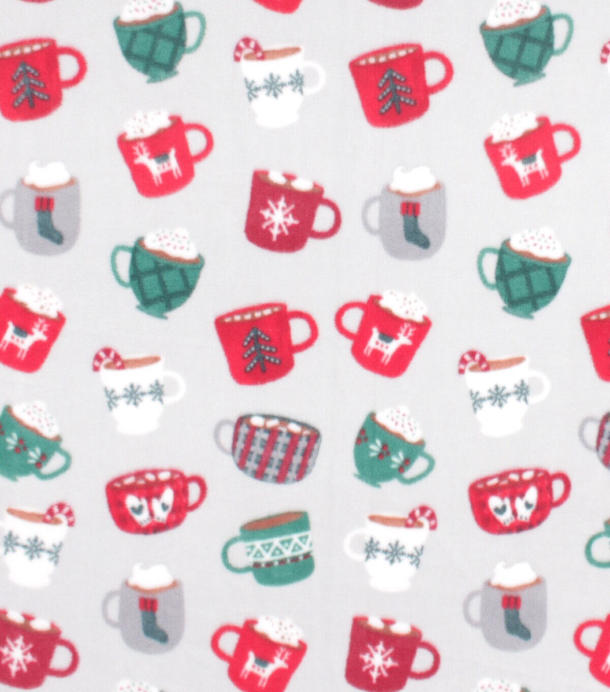 Red & Green Christmas Mugs on Gray Anti Pill Fleece Fabric