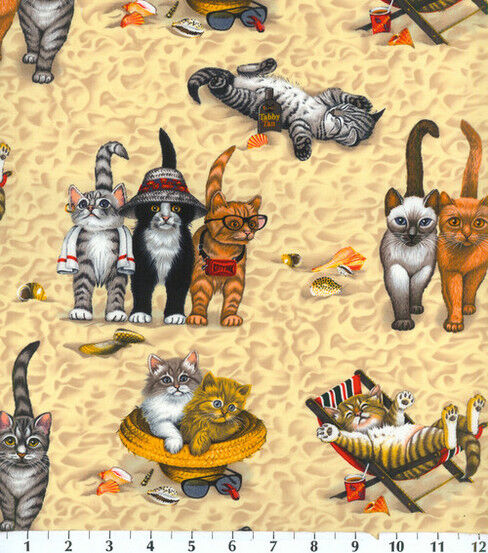 Novelty Cotton Fabric Kittens At The Beach