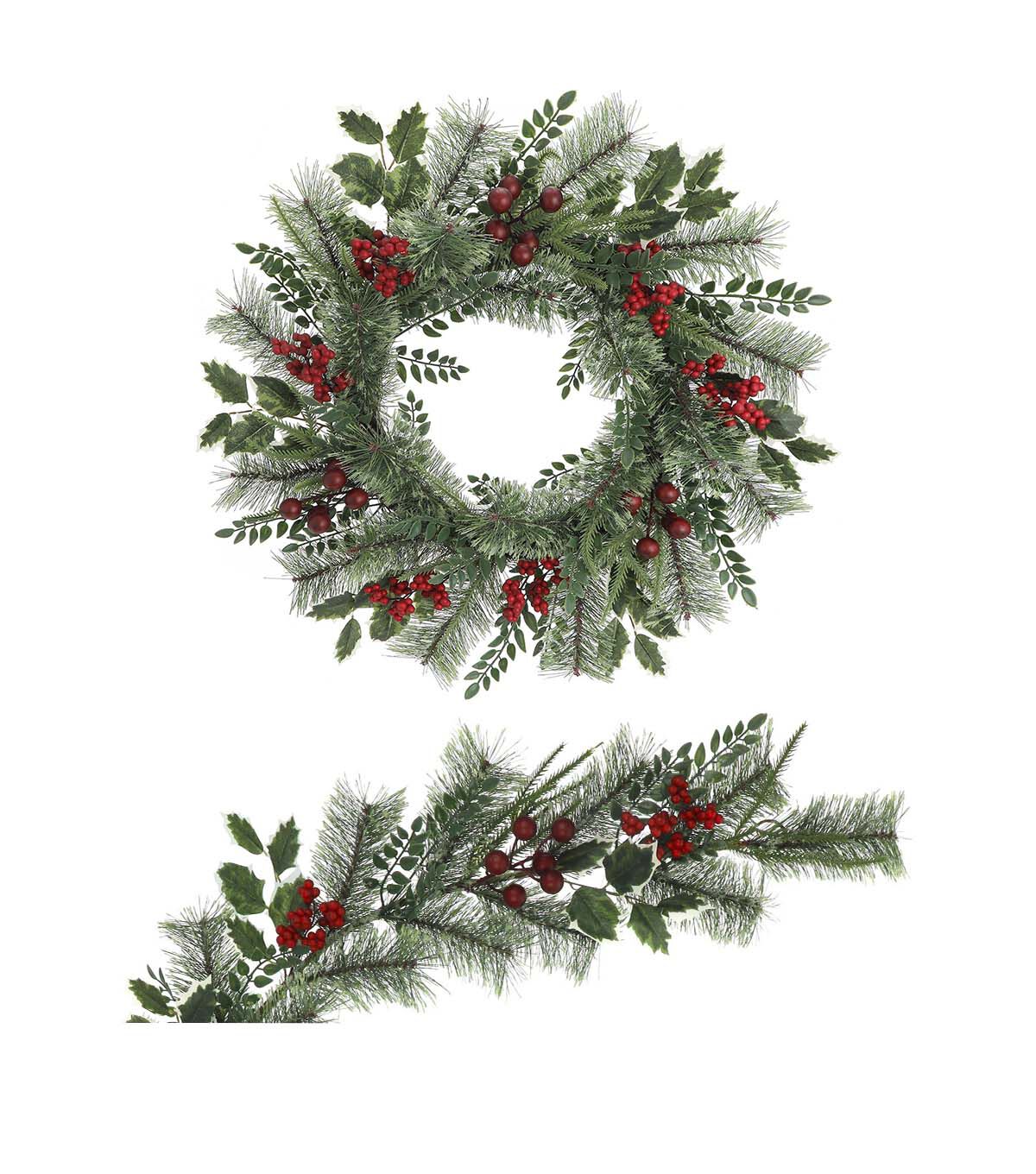 Coordinating Red Berry & Shortleaf Pine Wreath & Garland