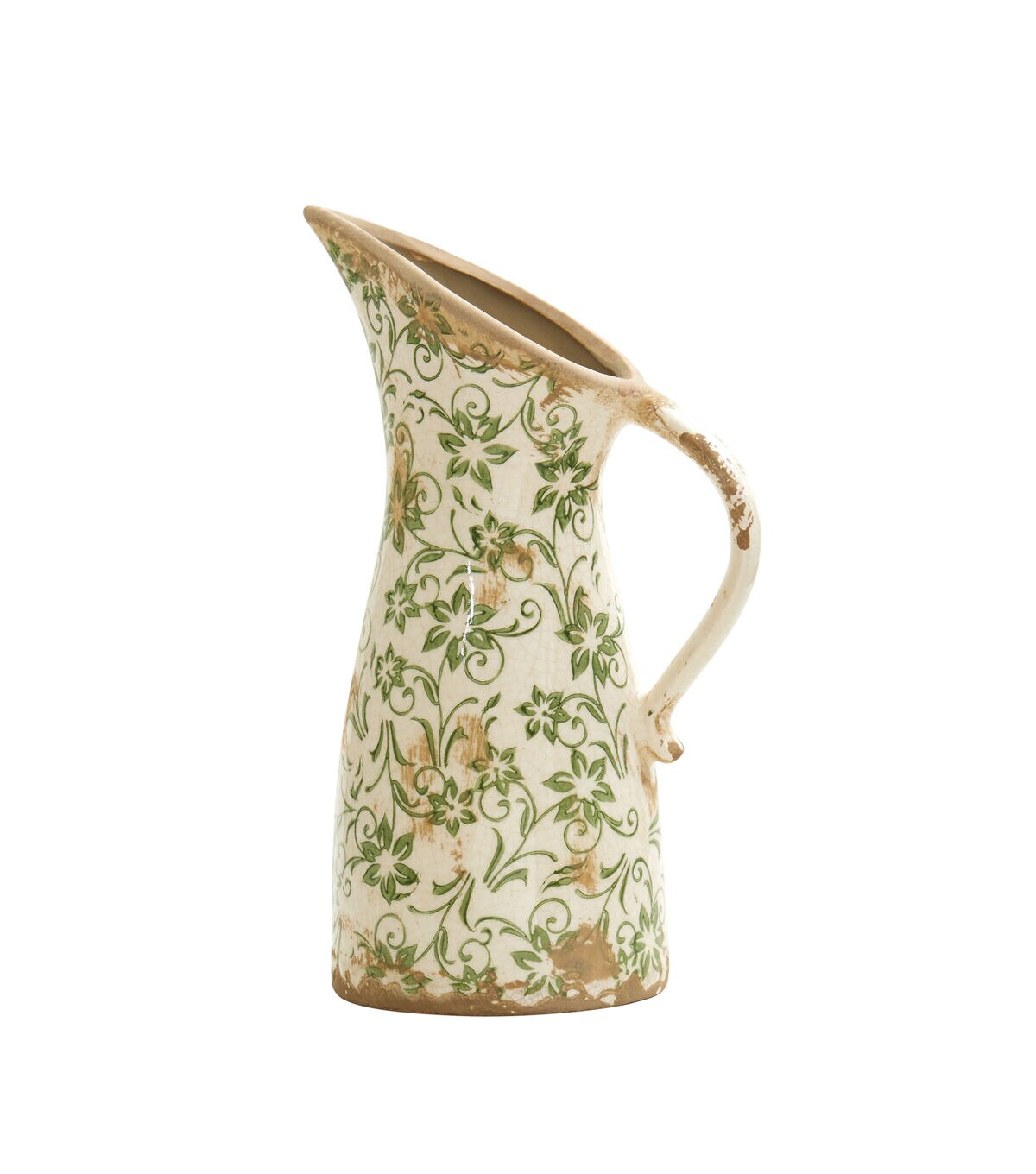Nearly Natural 10in. Tuscan Ceramic Green Scroll Pitcher Vase